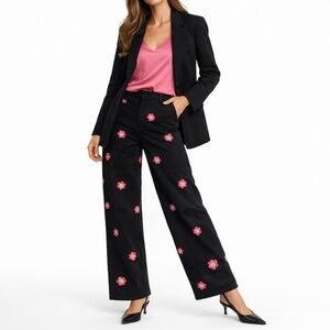 Cotton Wide-leg Leg Pants Embroidered Happy Face Flower Twill Party Pants BLK L